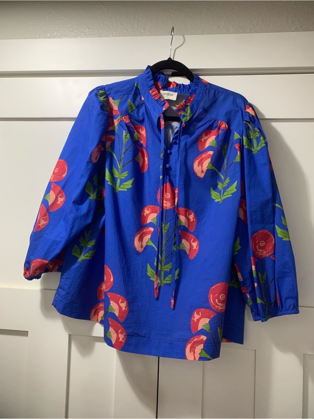Umgee Royal Blue Floral Tie-Neck Blouse